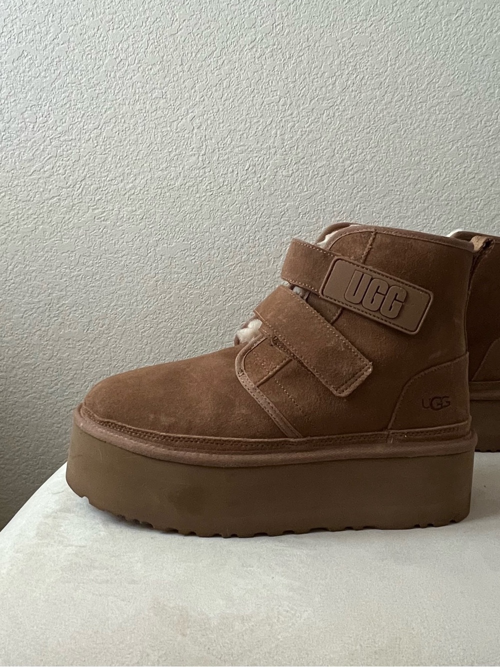 UGG Chestnut Suede Platform Velcro Ankle Boots